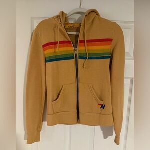 Aviator Nation Beige Hoodie with Red and Orange Stripes